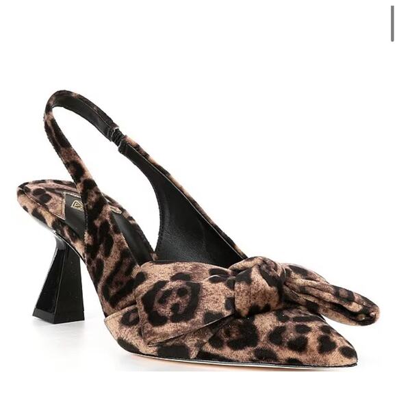Antonio Melani Leopard Slingback Heels Bow Point Toe Kitten Velvet sz 7.5 NWT - Picture 1 of 6